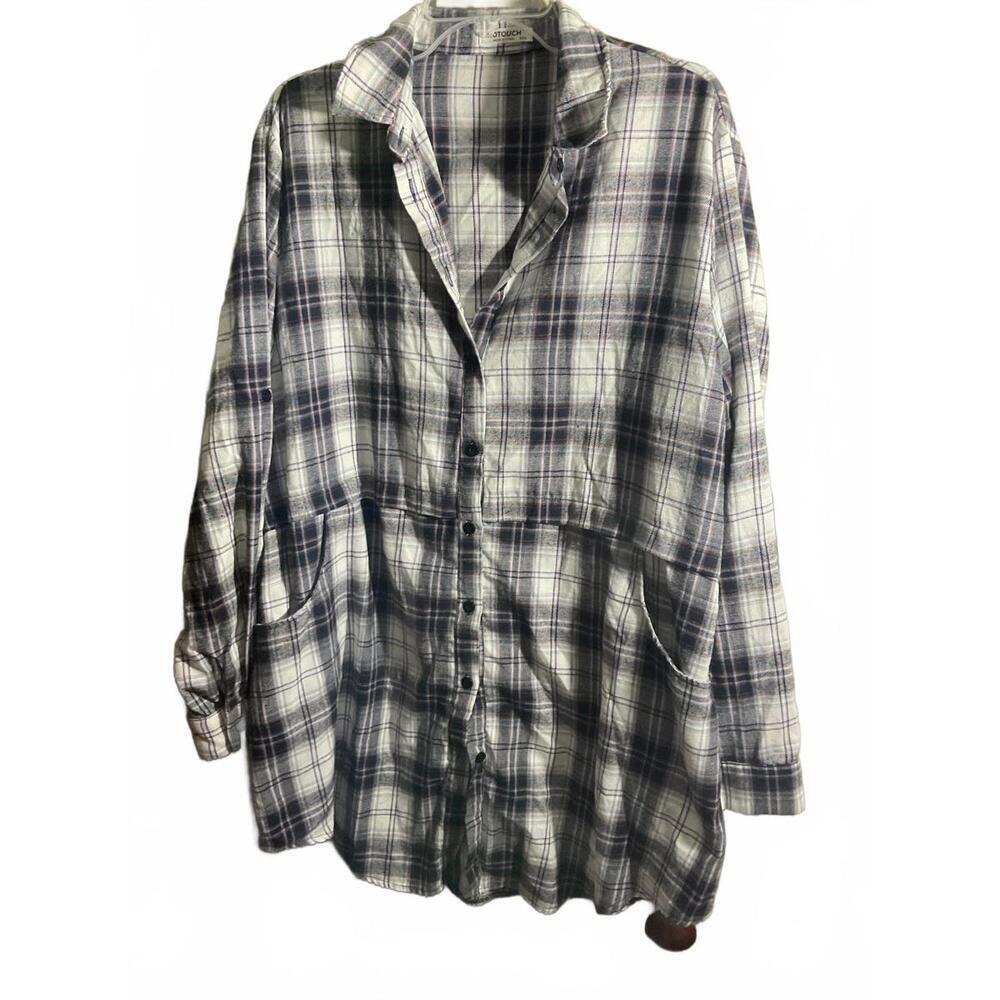 Plaid Flannel Button-Up Tunic Shirt / Pockets XXXL